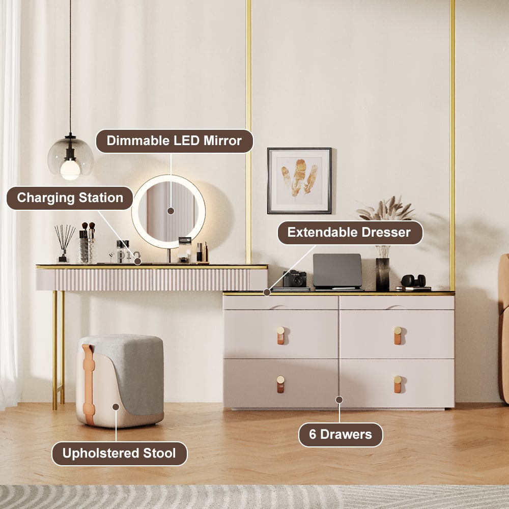 Chanor Modern Champagne Dresser Vanity Set Extendable Desk Vanity Combo Stool & Light