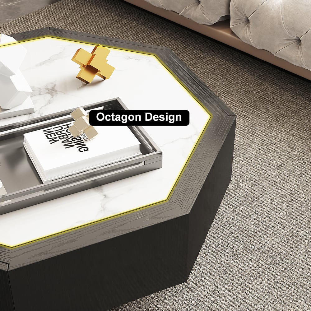 Wood Octagonal Coffee Table Rotating in Black with 2 Drawers Sintered Stone Top