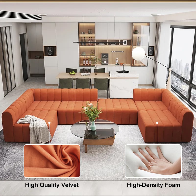 118.9" Velvet Convertible Modular Sectional Sofa Orange Upholstered 6-Seater Sofa Set