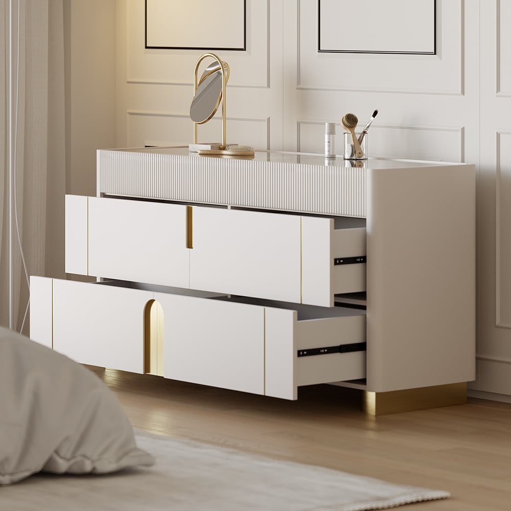 Artus 59"W 6 Drawer Dresser Glass Top Closet Island with Jewelry Display Storage