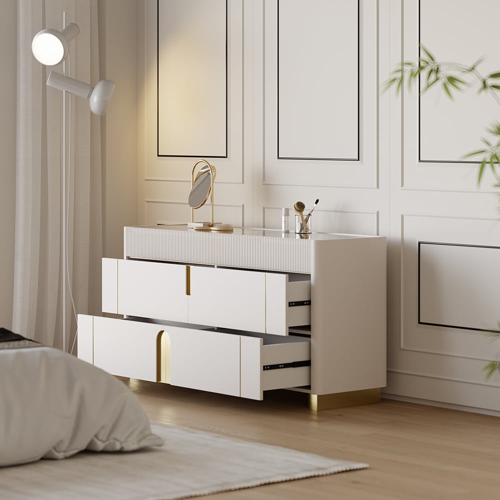 Artus 59"W 6 Drawer Dresser Glass Top Closet Island with Jewelry Display Storage