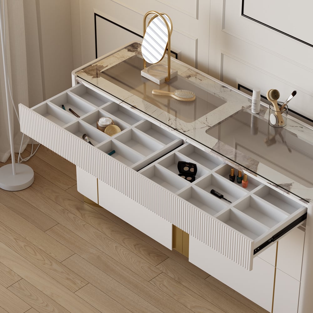 Artus 59"W 6 Drawer Dresser Glass Top Closet Island with Jewelry Display Storage