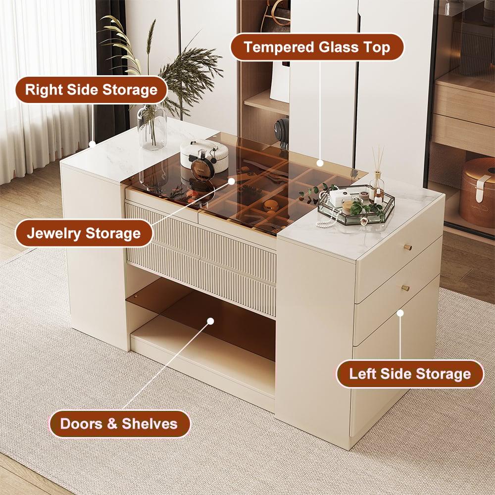 60" Glass Top Dresser Walk-in Closet Island with Jewelry Storage