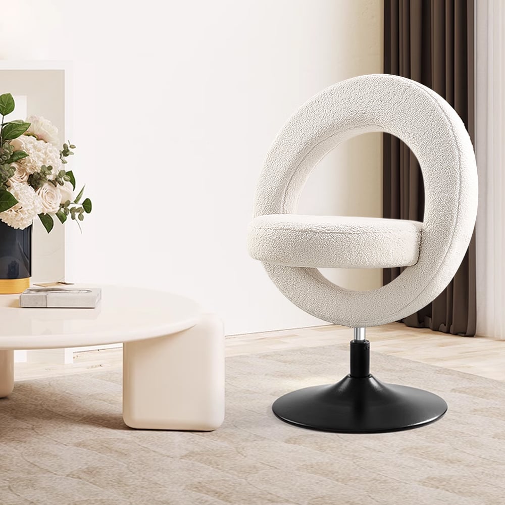 Modern White Boucle Adjustable Vanity Stool with Back