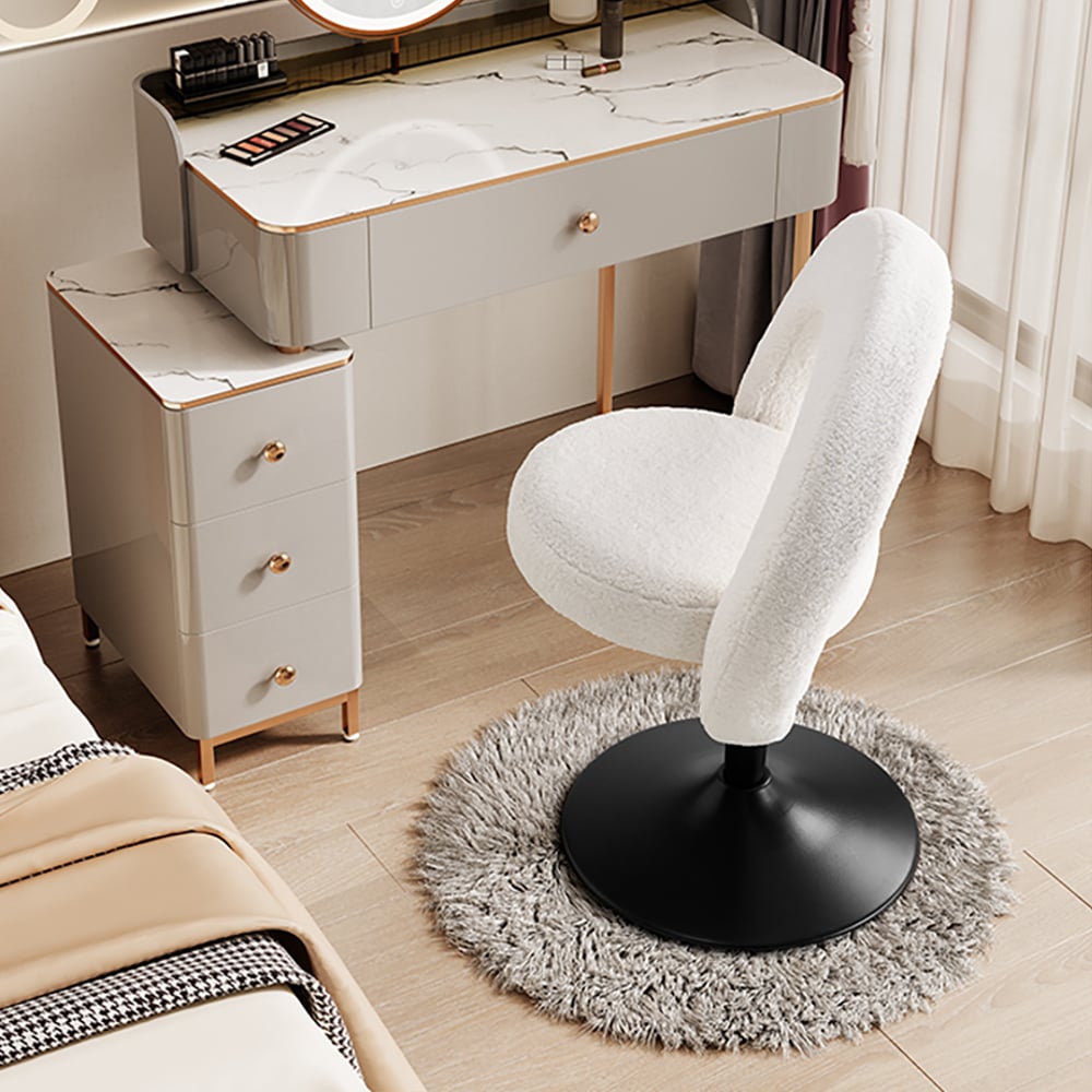 Modern White Boucle Adjustable Vanity Stool with Back