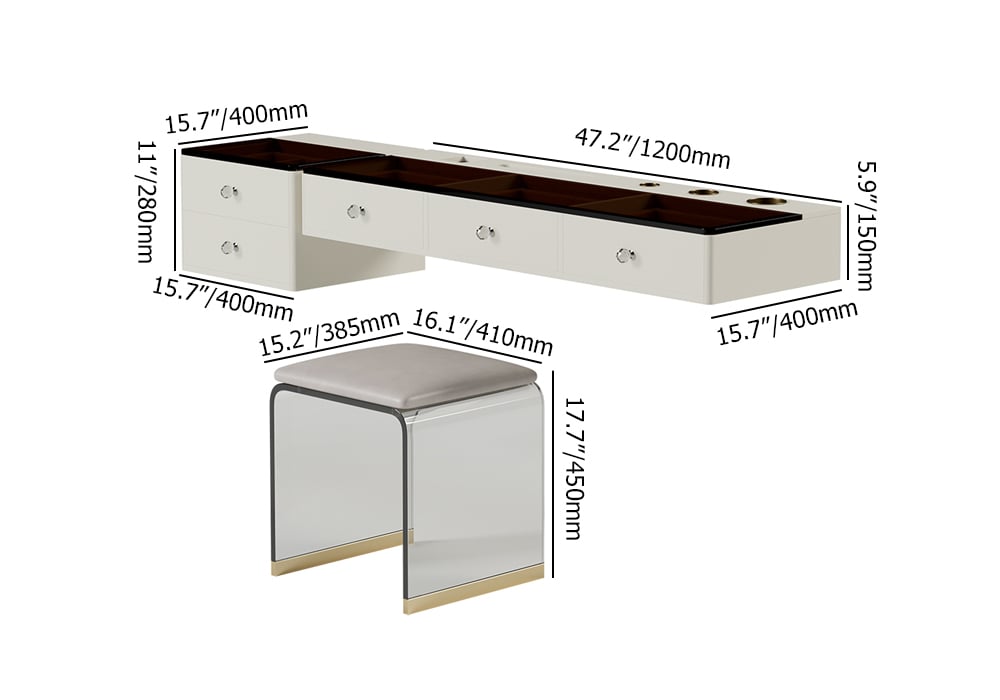 47" Leather Floating Tempered Glass Top Makeup Vanity Set with Stool