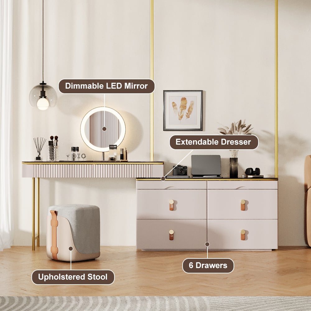 Chanor Modern Champagne Dresser Vanity Set Extendable Desk Vanity Combo Stool & Light