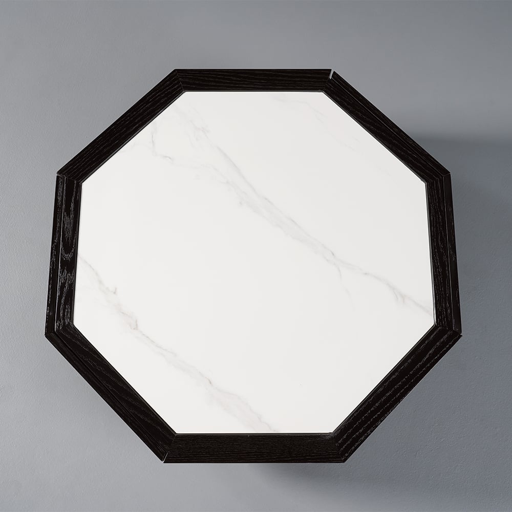 Wood Octagonal Coffee Table Rotating in Black with 2 Drawers Sintered Stone Top
