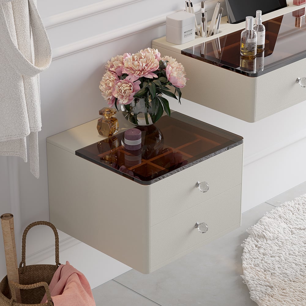 47" Leather Floating Tempered Glass Top Makeup Vanity Set with Stool