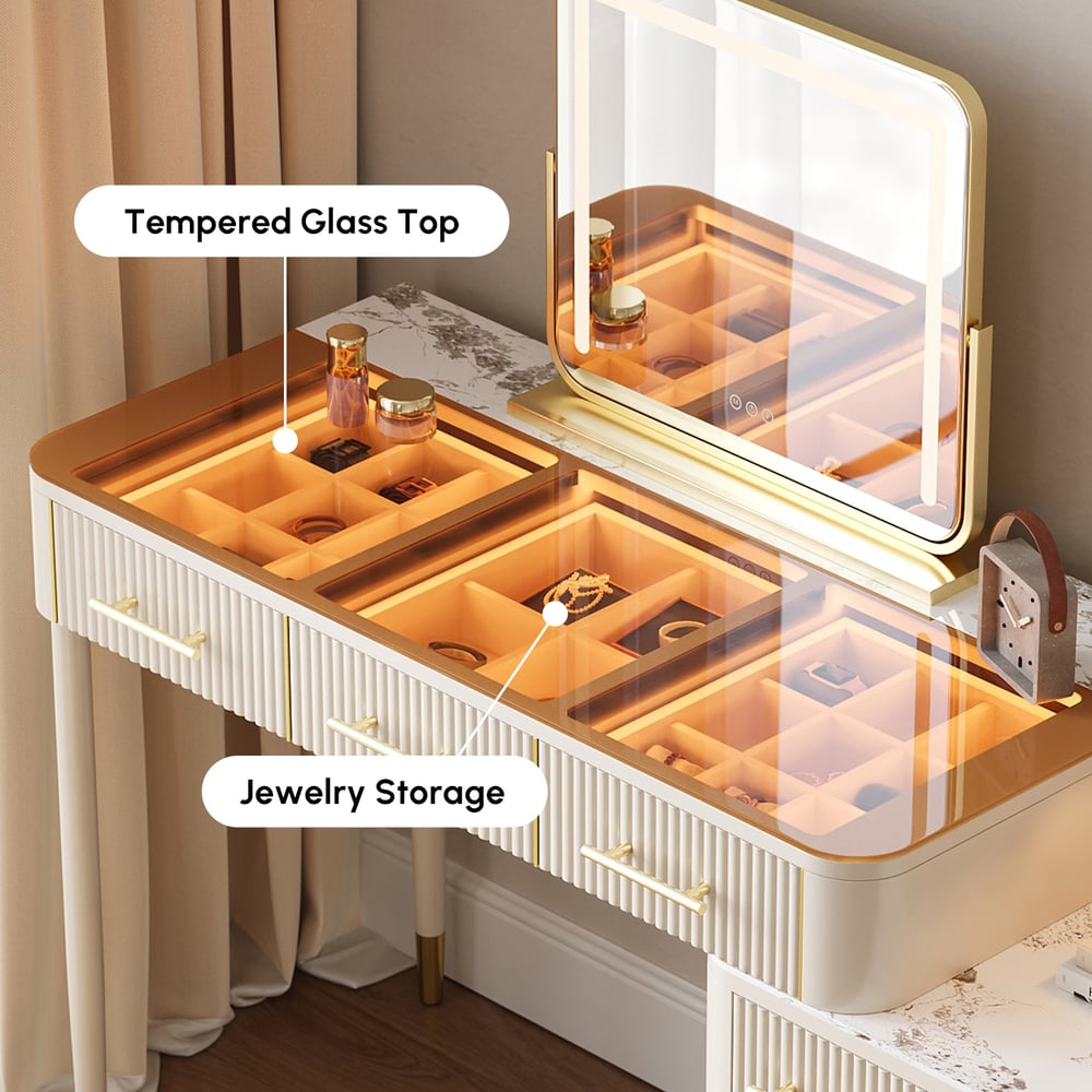 White Glass Sintered Stone Top Makeup Vanity Set with Mirror
