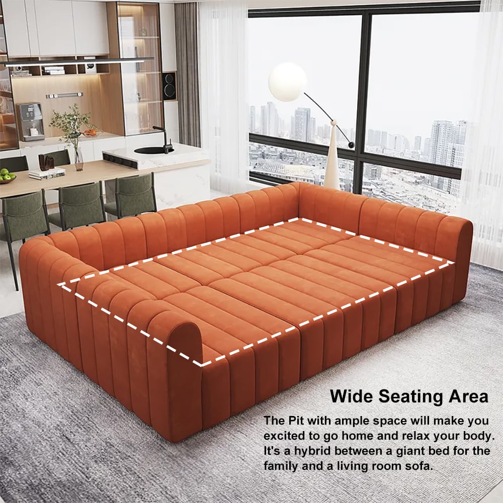 118.9" Velvet Convertible Modular Sectional Sofa Orange Upholstered 6-Seater Sofa Set
