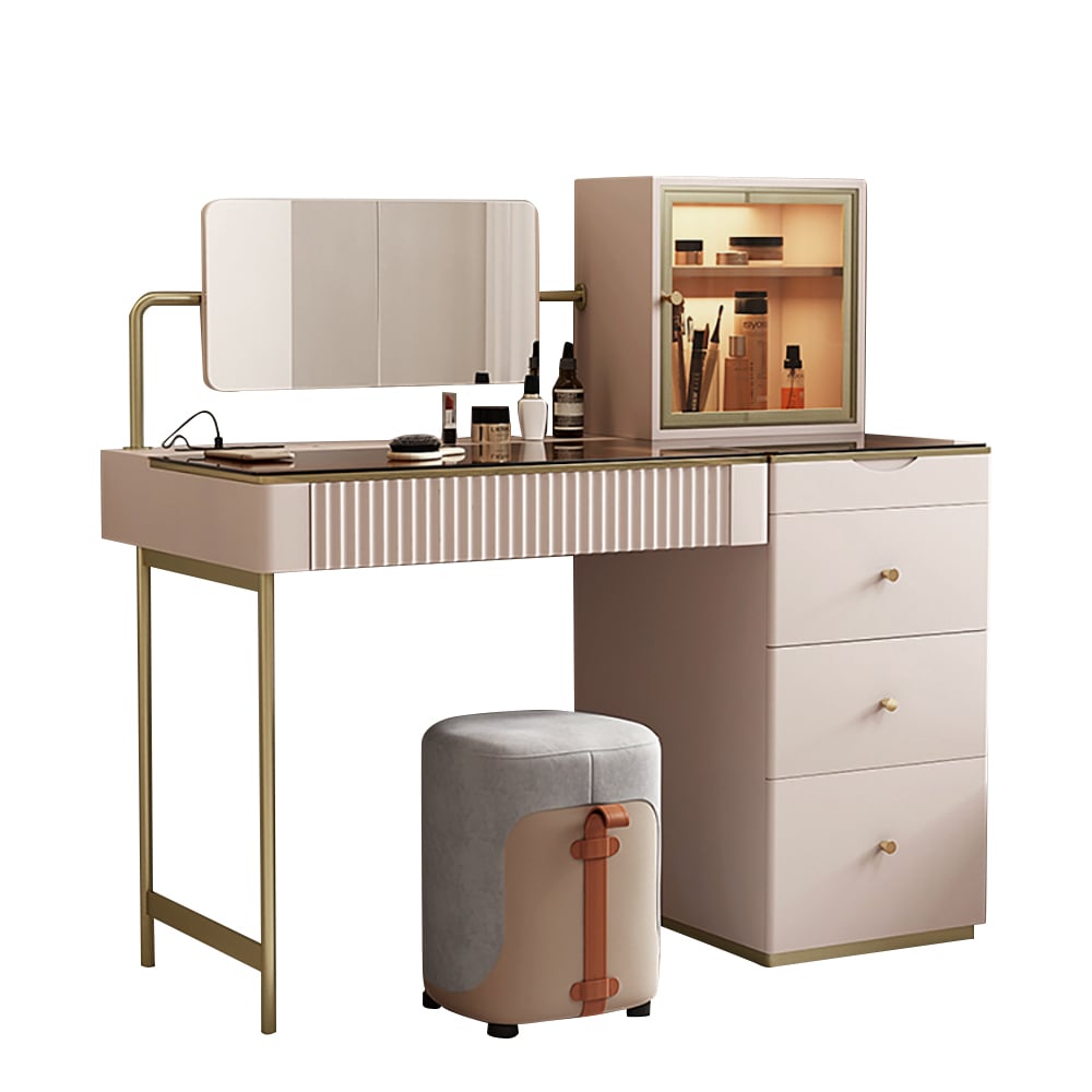 Chanor Makeup Vanity Set Mirrored Dressing Table with Jewelry Storage & Cabinet & Stool