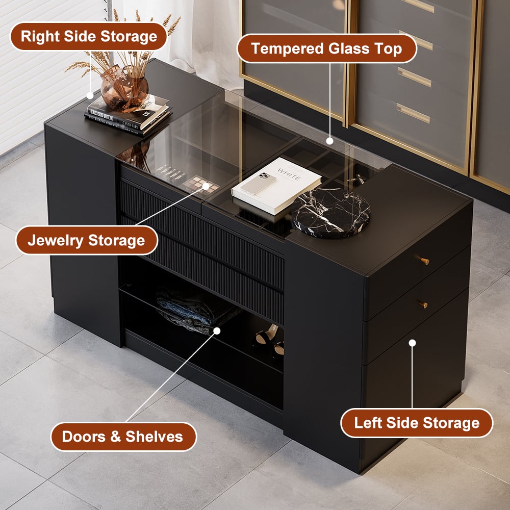 60" Glass Top Dresser Walk-in Closet Island with Jewelry Storage