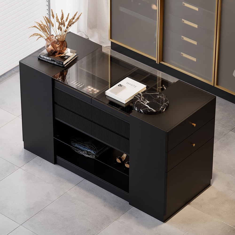 60" Glass Top Dresser Walk-in Closet Island with Jewelry Storage