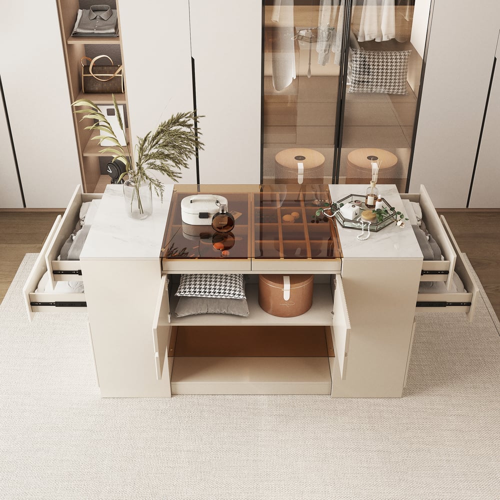 60" Glass Top Dresser Walk-in Closet Island with Jewelry Storage