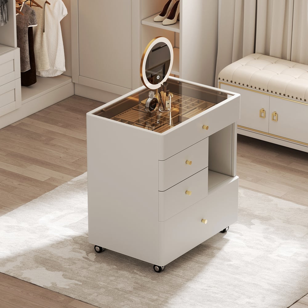 Saddle Leather Walk-In Closet Island Jewelry Dresser with Glass Top