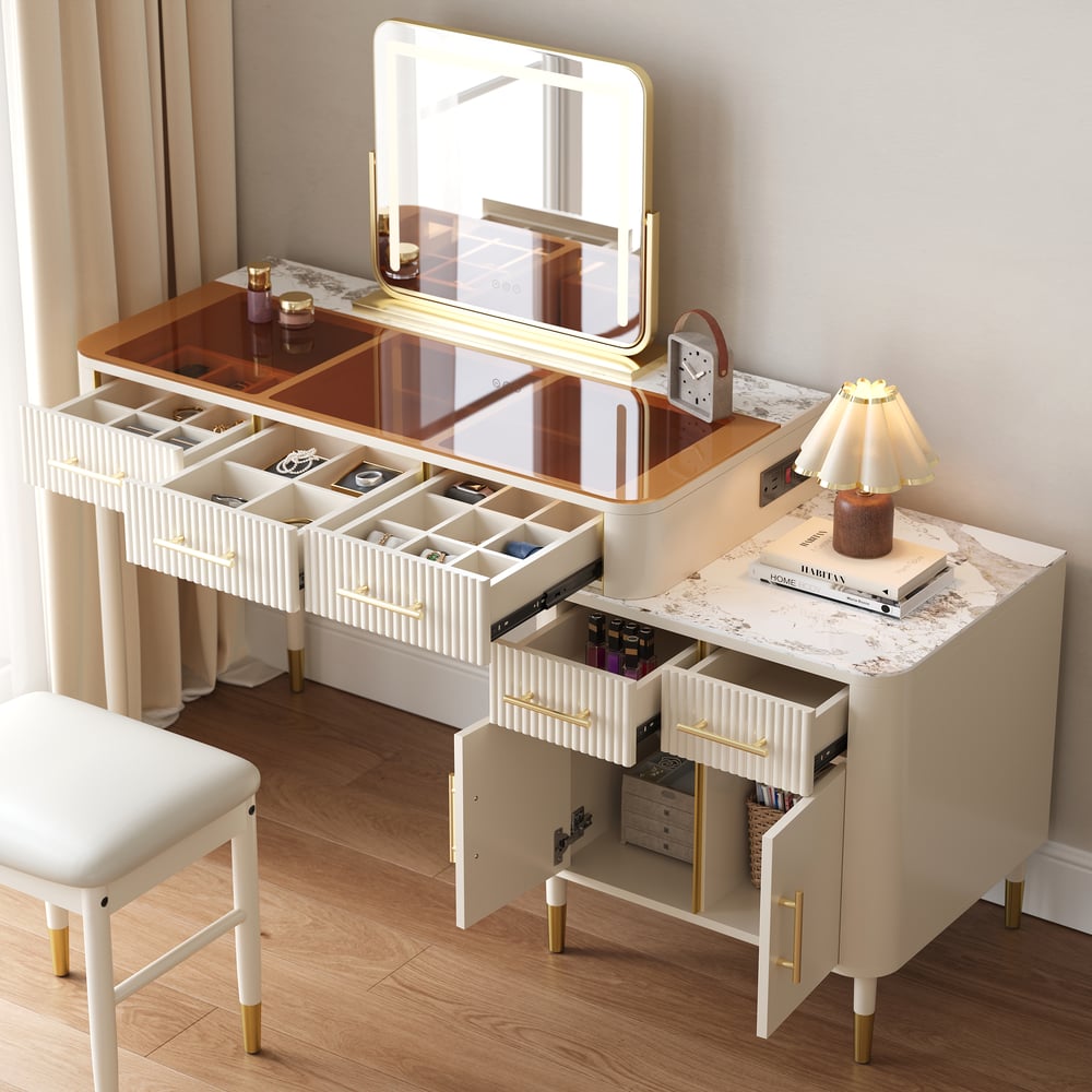 White Glass Sintered Stone Top Makeup Vanity Set with Mirror