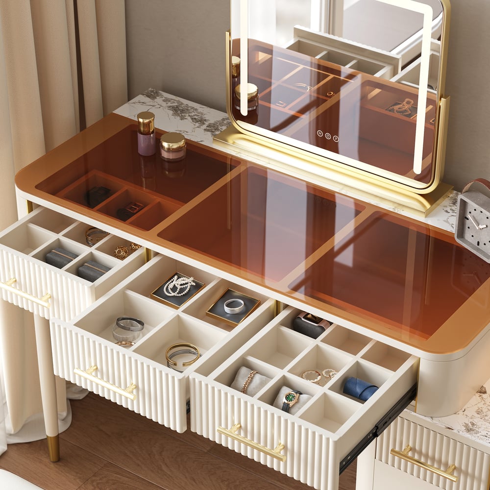 White Glass Sintered Stone Top Makeup Vanity Set with Mirror