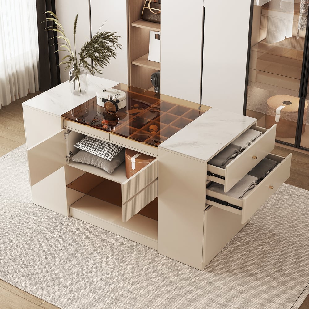 60" Glass Top Dresser Walk-in Closet Island with Jewelry Storage