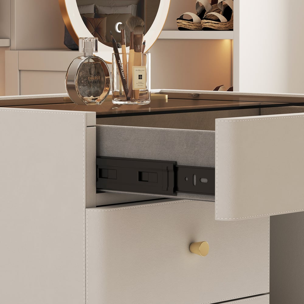Saddle Leather Walk-In Closet Island Jewelry Dresser with Glass Top