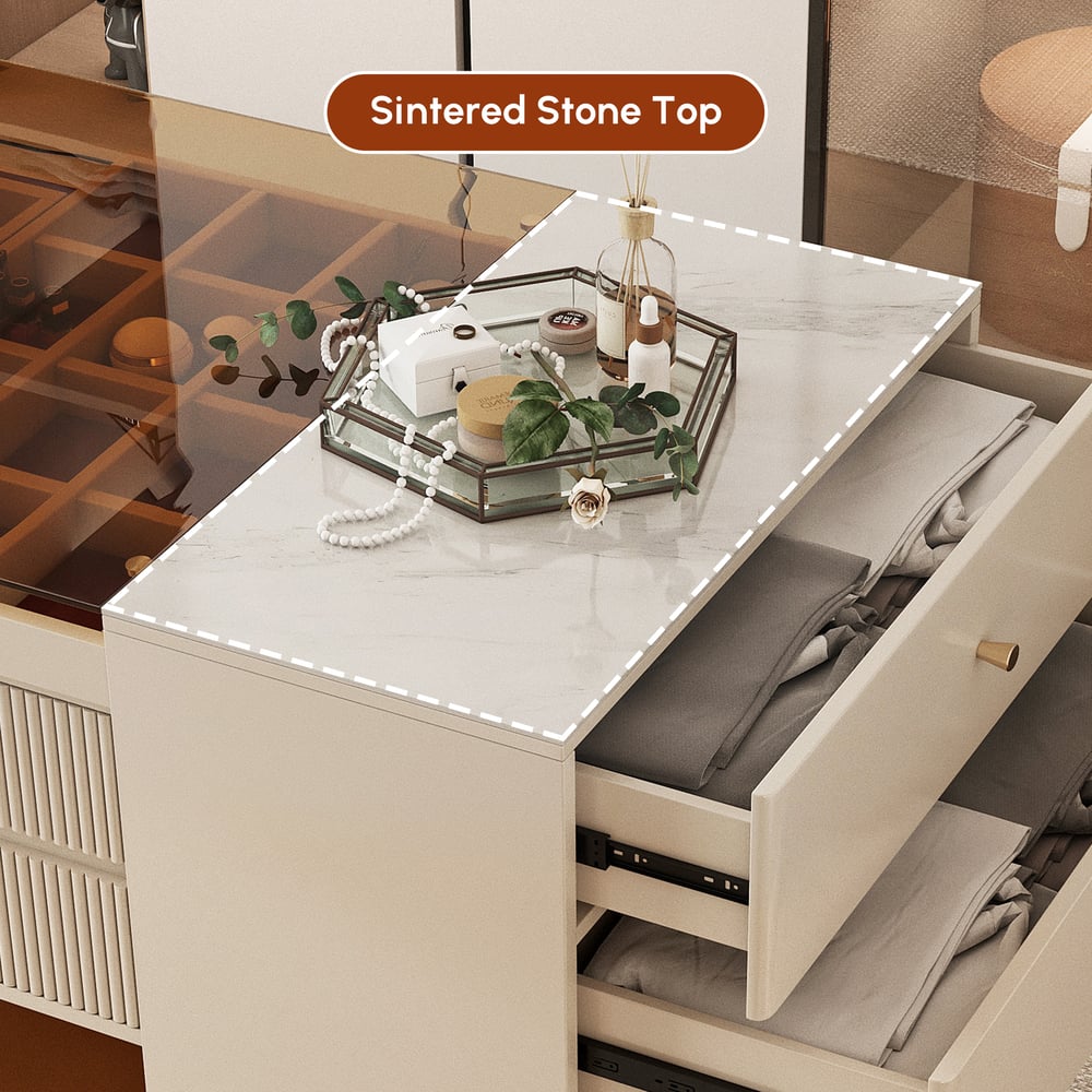 60" Glass Top Dresser Walk-in Closet Island with Jewelry Storage
