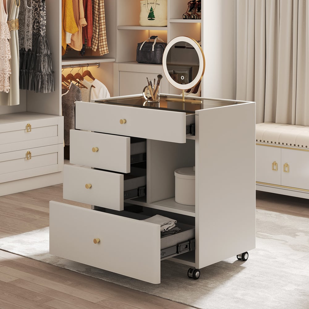 Saddle Leather Walk-In Closet Island Jewelry Dresser with Glass Top