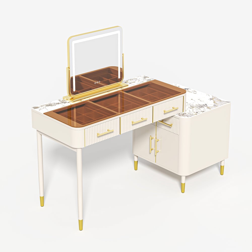 White Glass Sintered Stone Top Makeup Vanity Set with Mirror