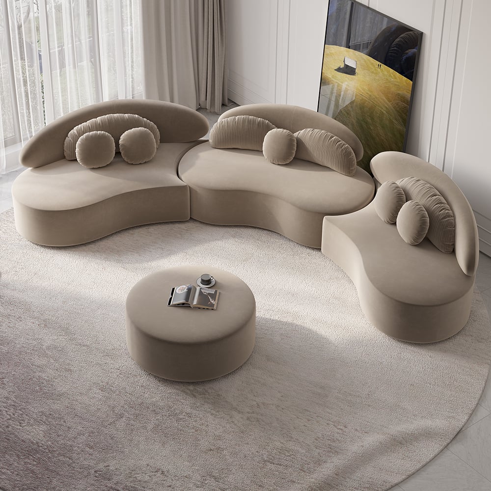 146" 4-Piece Curved Velvet Sectional Sofa with Ottoman & Pillows