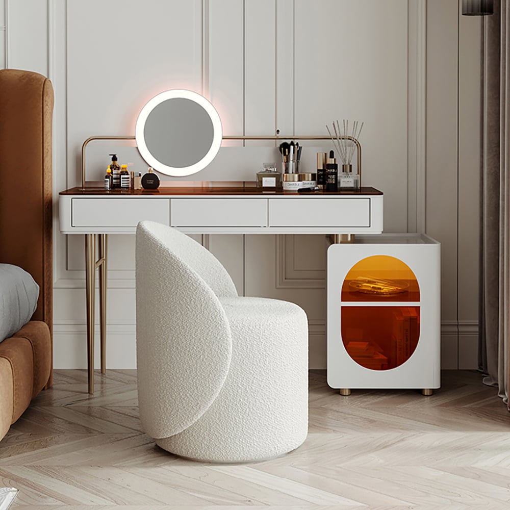 Boucle Round Back Swivel Vanity Stool Accent Chair