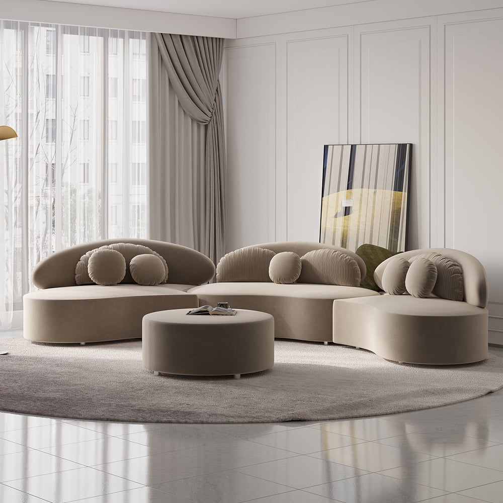 146" 4-Piece Curved Velvet Sectional Sofa with Ottoman & Pillows