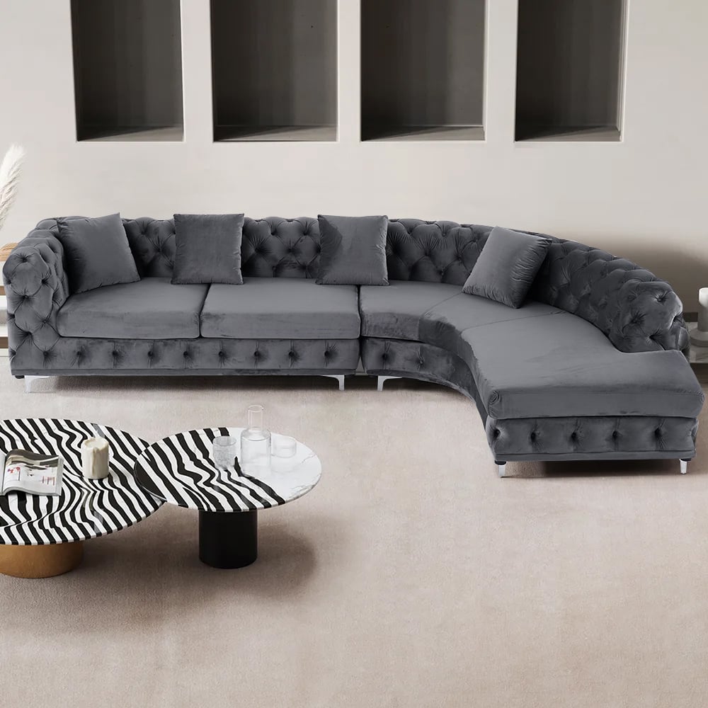 L-Shaped Curved Gray Sectional Sofa Upholstered Velvet Chesterfield Sofa