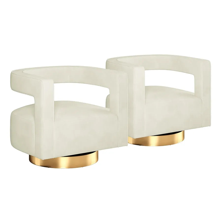 BELLEZE Swivel Barrel Accent Chair Set of 2, Modern Upholstered Arm Comfy Velvet Curved Back Round Chair with Gold Base Wood Frame, 360 Degree for Living Room Bedroom Office,Ivory