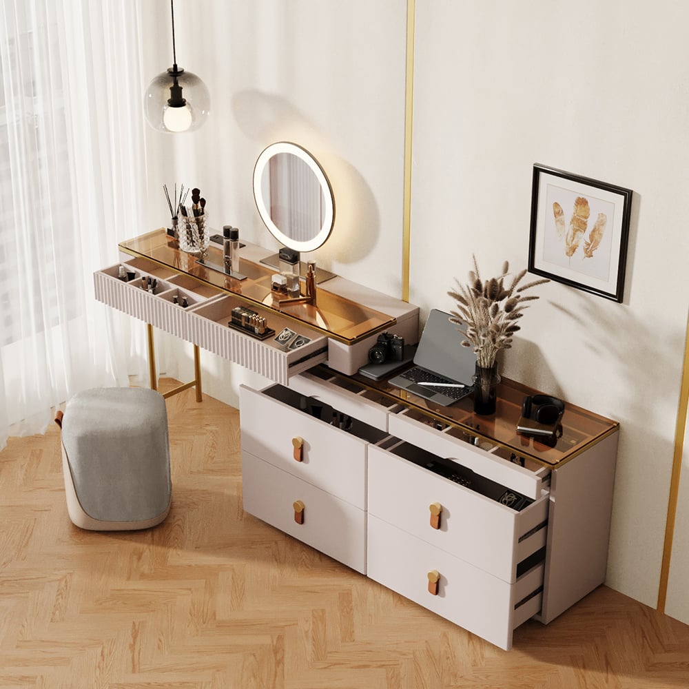 Chanor Modern Champagne Dresser Vanity Set Extendable Desk Vanity Combo Stool & Light
