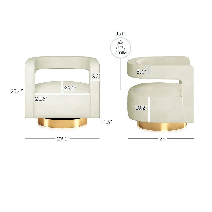 BELLEZE Swivel Barrel Accent Chair Set of 2, Modern Upholstered Arm Comfy Velvet Curved Back Round Chair with Gold Base Wood Frame, 360 Degree for Living Room Bedroom Office,Ivory