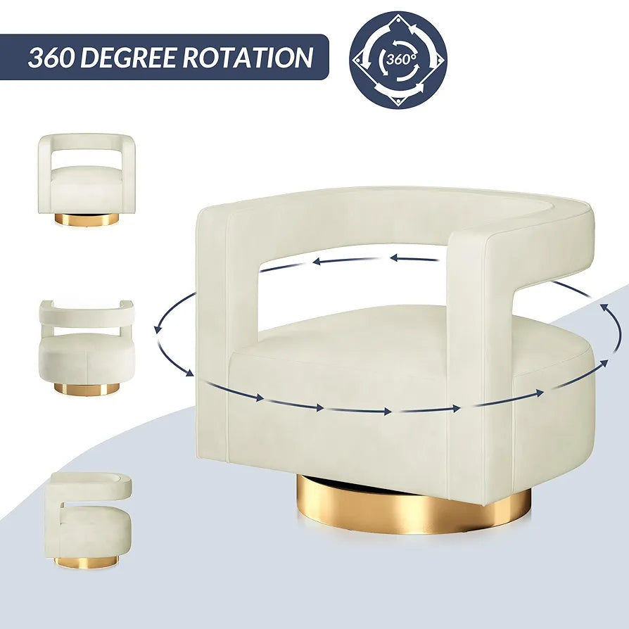 BELLEZE Swivel Barrel Accent Chair Set of 2, Modern Upholstered Arm Comfy Velvet Curved Back Round Chair with Gold Base Wood Frame, 360 Degree for Living Room Bedroom Office,Ivory