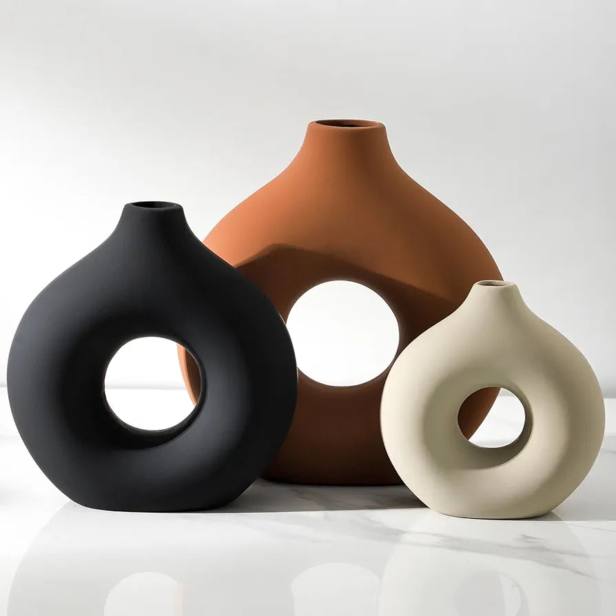 Ceramic Vase Home Table Decor - Flower Vases Set of 3 Small Living Room Centerpiece Decorations for Shelf Bedroom Office Kitchen Dining Desk Modern Aesthetic Farmhouse Decorative 