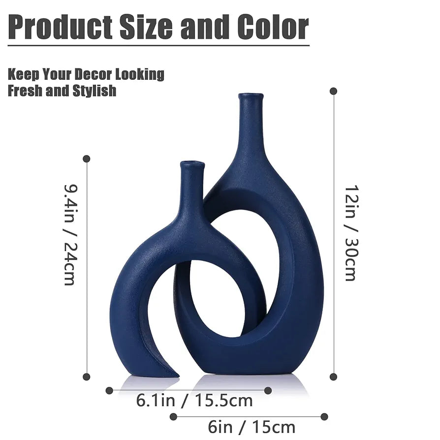 Navy Blue Unique Hollow Bud Vases Set of 2,Modern Snuggle and Huging Style Ceramic Vase for Pampas Grass,Living Room Decorations for Fireplace,Coffee Table Centerpiece,Mantle,Bookshelf Decor