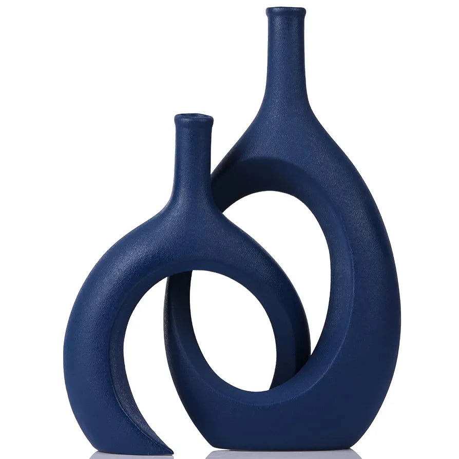 Navy Blue Unique Hollow Bud Vases Set of 2,Modern Snuggle and Huging Style Ceramic Vase for Pampas Grass,Living Room Decorations for Fireplace,Coffee Table Centerpiece,Mantle,Bookshelf Decor