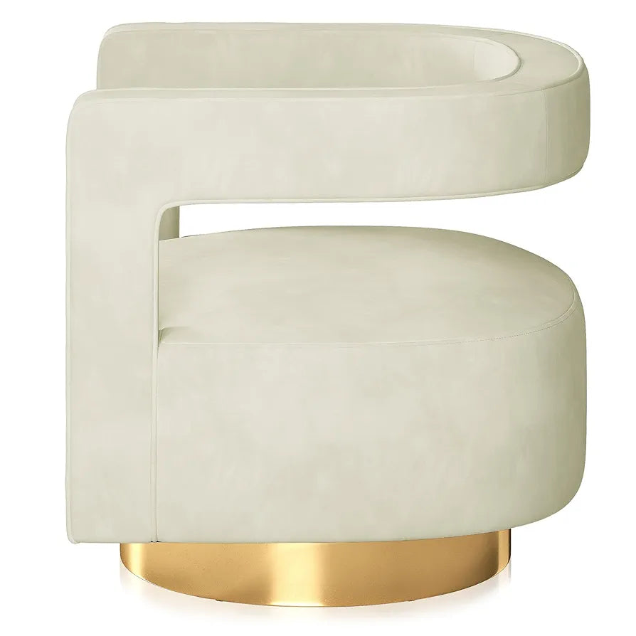 BELLEZE Swivel Barrel Accent Chair Set of 2, Modern Upholstered Arm Comfy Velvet Curved Back Round Chair with Gold Base Wood Frame, 360 Degree for Living Room Bedroom Office,Ivory