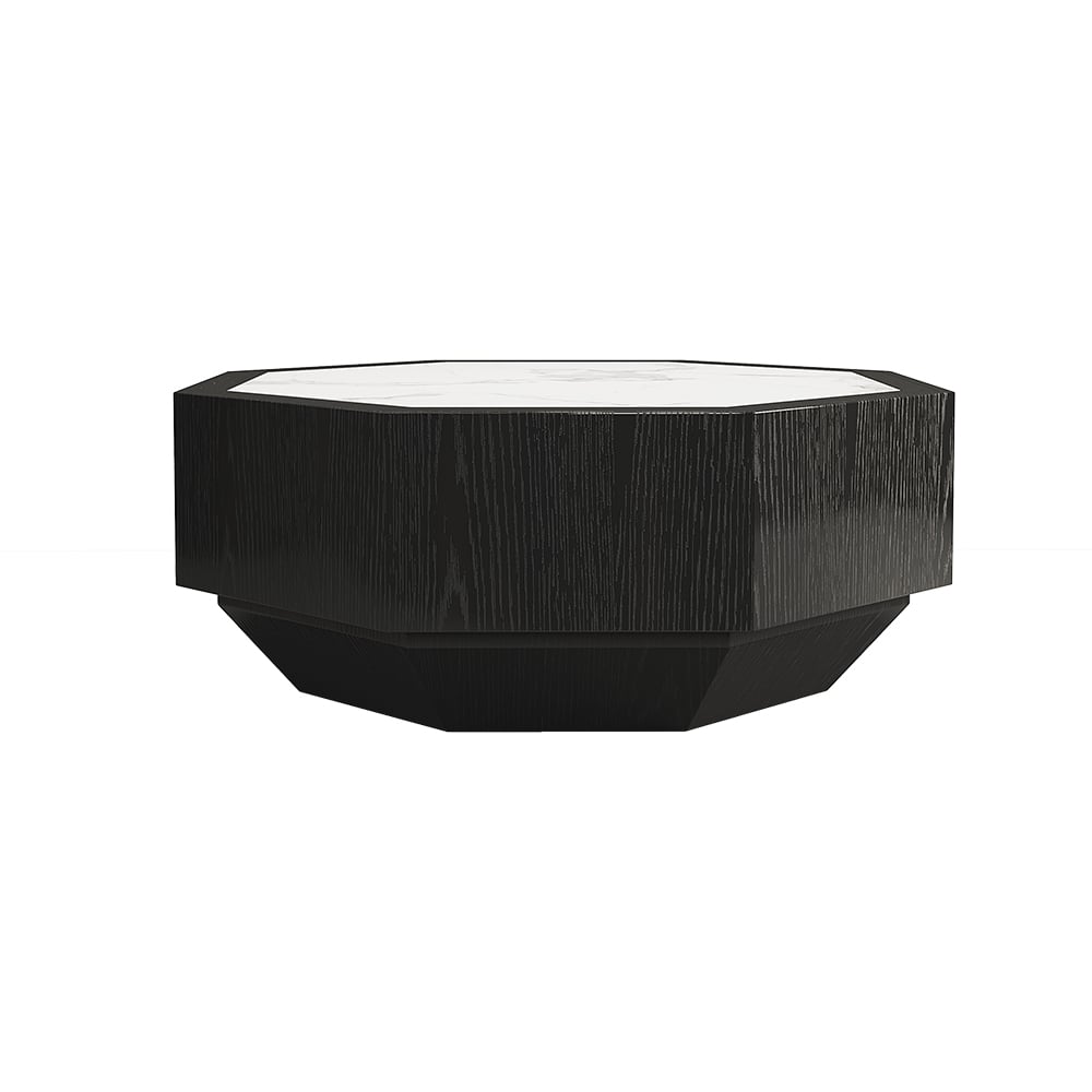 Wood Octagonal Coffee Table Rotating in Black with 2 Drawers Sintered Stone Top
