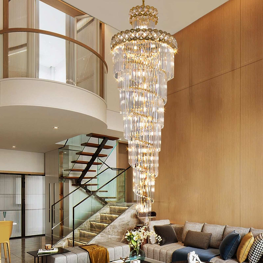 Roselli Lux Chandelier with cascading crystals in modern living room with staircase and sofa