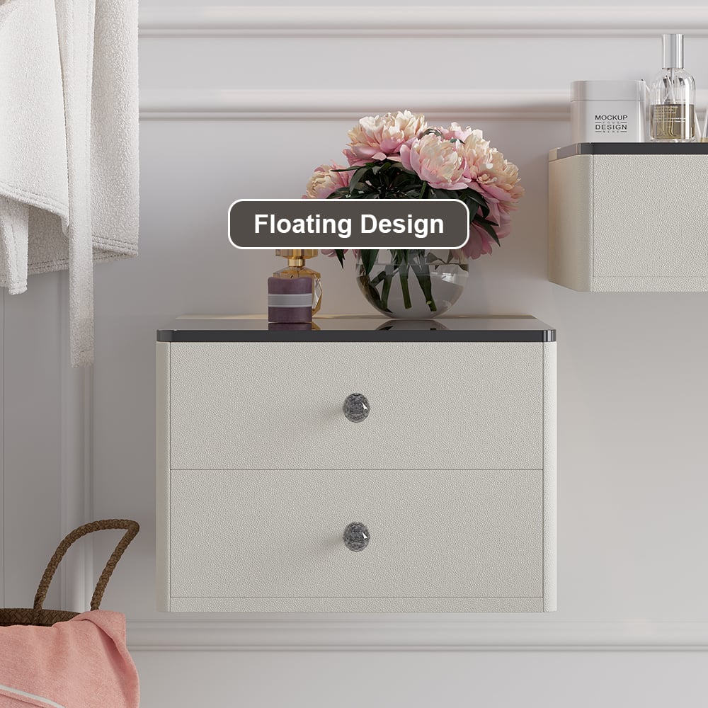 47" Leather Floating Tempered Glass Top Makeup Vanity Set with Stool