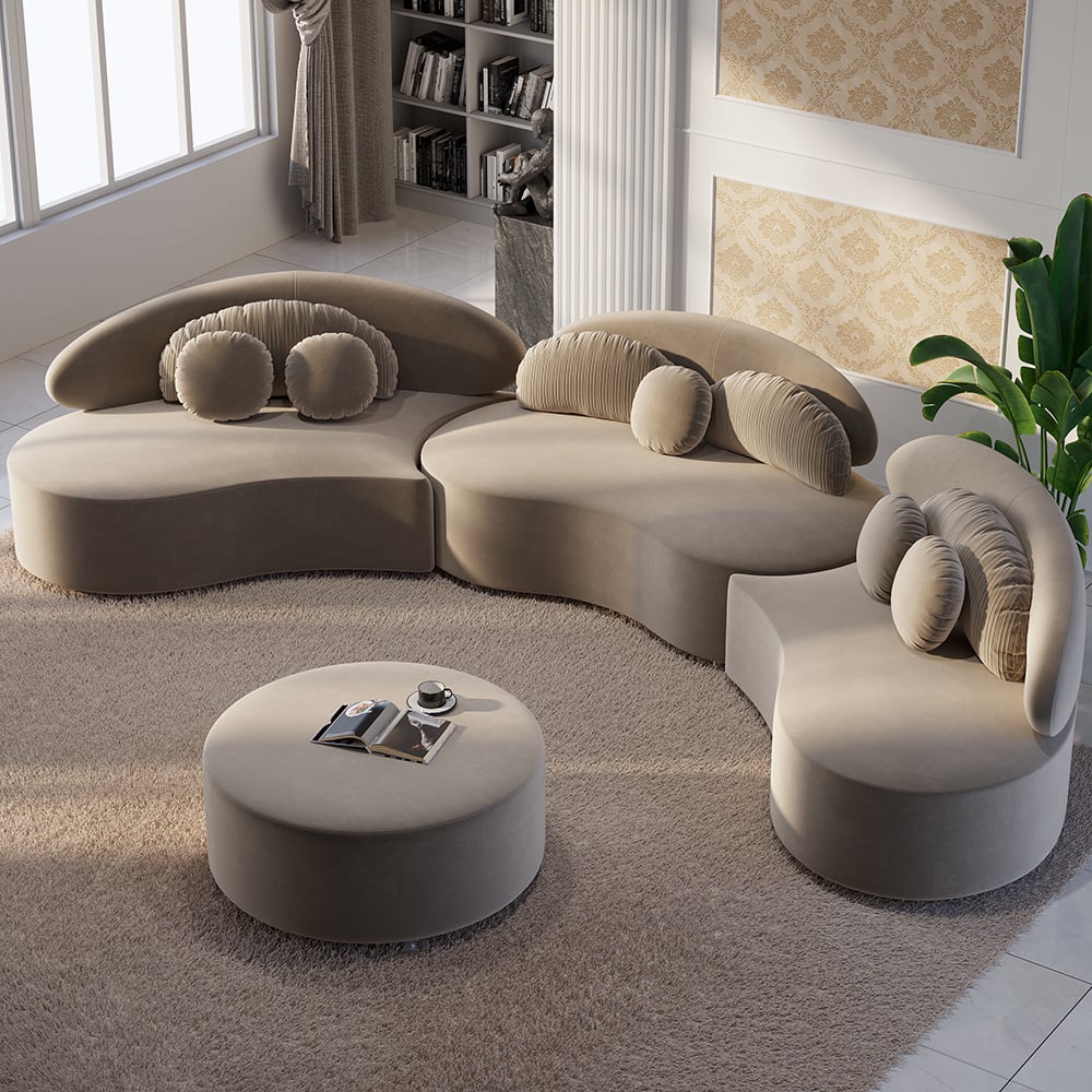 146" 4-Piece Curved Velvet Sectional Sofa with Ottoman & Pillows