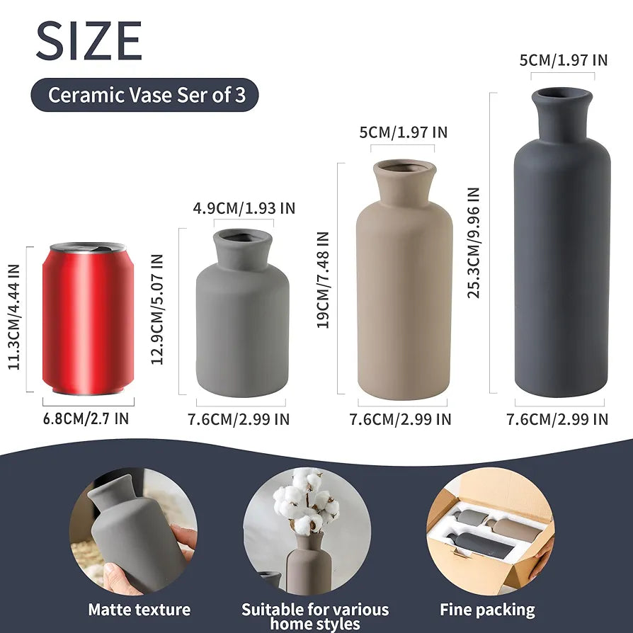 Ceramic Vase Set of 3, Neutral Vases Home Decor Rustic Farmhouse Decor Vase Terra Cotta Pottery Vases for Bouquet Pampas Grass Dried Fresh Flowers Living Room Kitchen Bedroom Bathroom - Multicolor