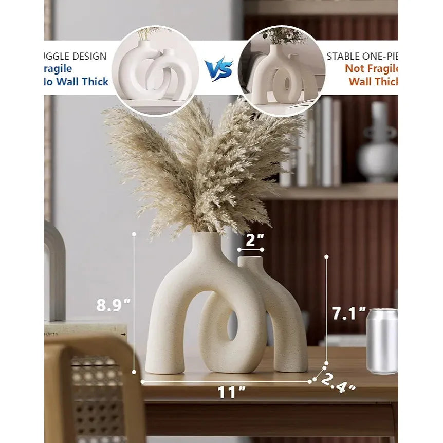 Hug Donut Decorative Vase Set - Modern Nordic Boho Style Vases Home Decor, Matte Ceramic Decorations for Living Room Shelf, Bookshelf Mantle Entryway Table or Console Décor 