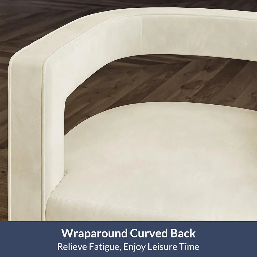 BELLEZE Swivel Barrel Accent Chair Set of 2, Modern Upholstered Arm Comfy Velvet Curved Back Round Chair with Gold Base Wood Frame, 360 Degree for Living Room Bedroom Office,Ivory