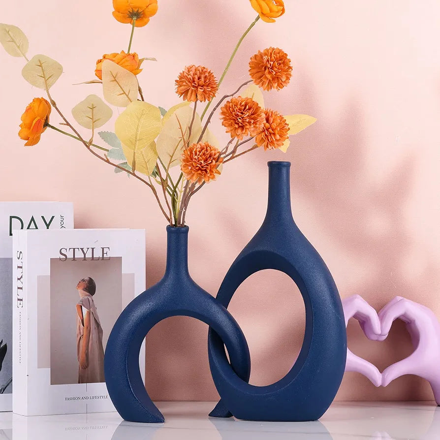 Navy Blue Unique Hollow Bud Vases Set of 2,Modern Snuggle and Huging Style Ceramic Vase for Pampas Grass,Living Room Decorations for Fireplace,Coffee Table Centerpiece,Mantle,Bookshelf Decor