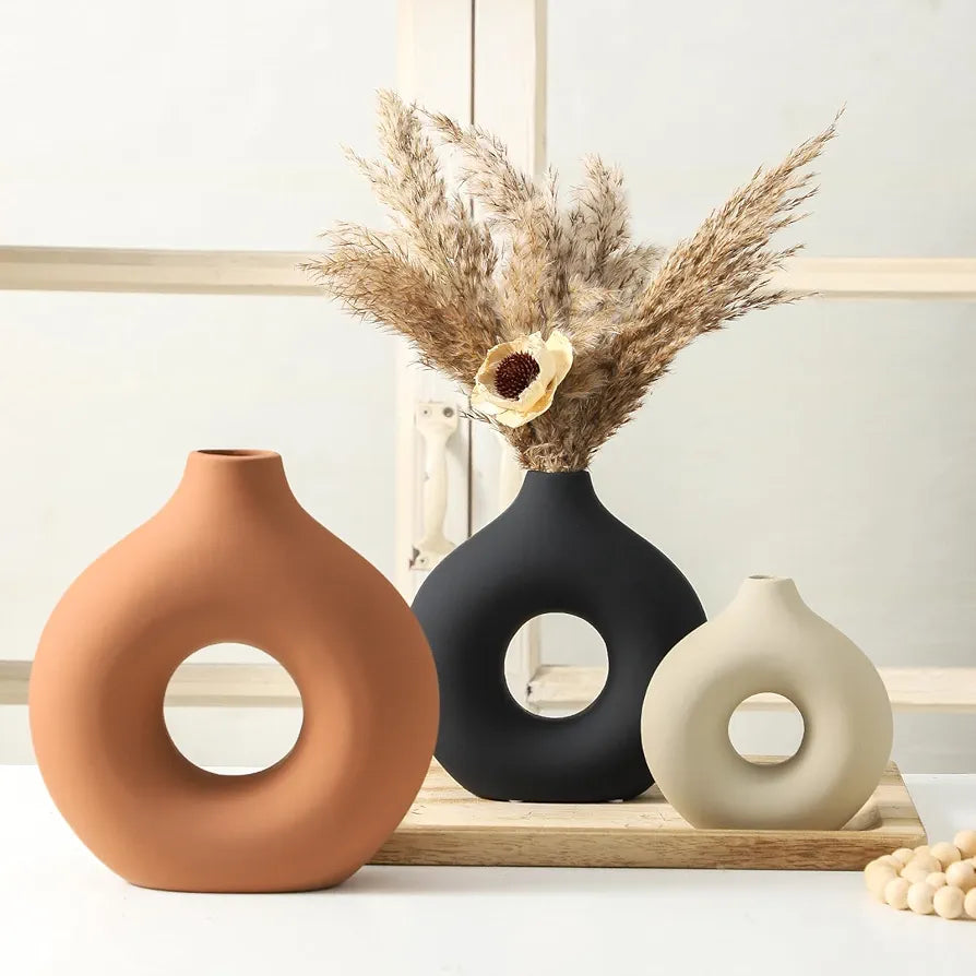 Ceramic Vase Home Table Decor - Flower Vases Set of 3 Small Living Room Centerpiece Decorations for Shelf Bedroom Office Kitchen Dining Desk Modern Aesthetic Farmhouse Decorative 