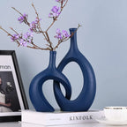 Navy Blue Unique Hollow Bud Vases Set of 2,Modern Snuggle and Huging Style Ceramic Vase for Pampas Grass,Living Room Decorations for Fireplace,Coffee Table Centerpiece,Mantle,Bookshelf Decor