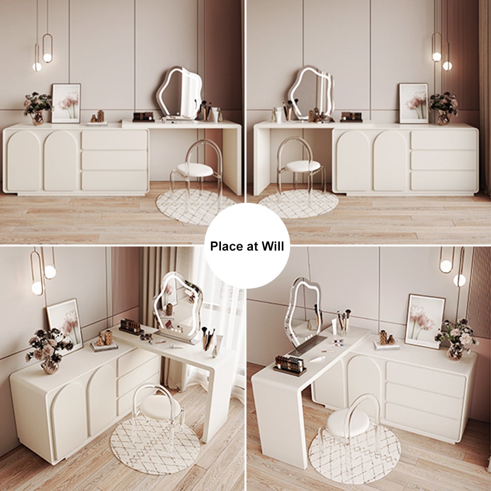 Arem Modern Off White Makeup Vanity Retracted Dressing Table Beauty Station with Drawers